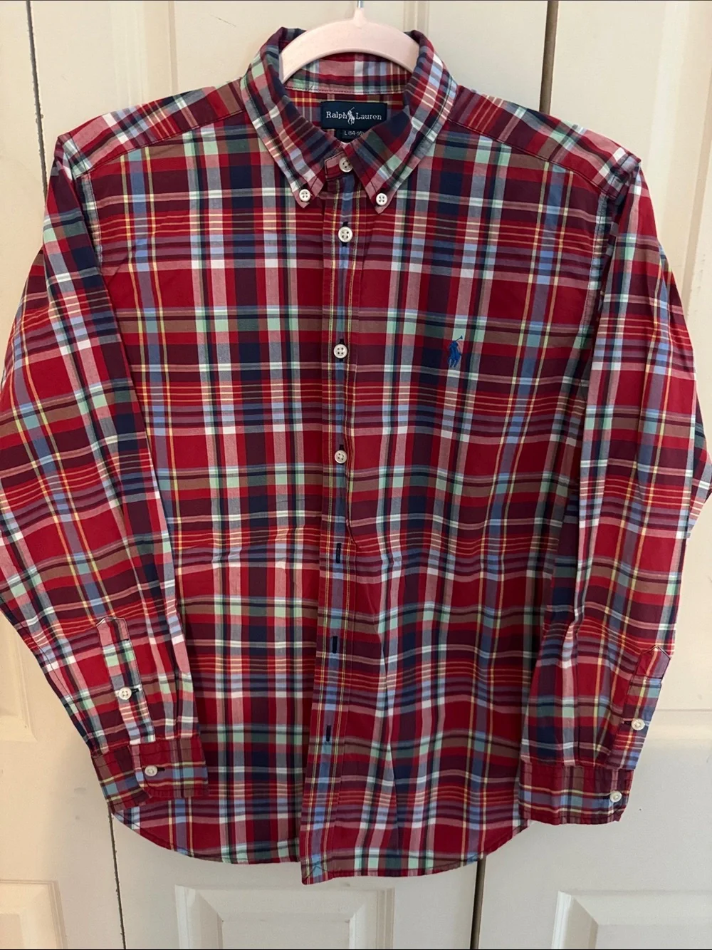 Boys Ralph Lauren Red Plaid long sleeve Shirt with Blue horse size 14/16